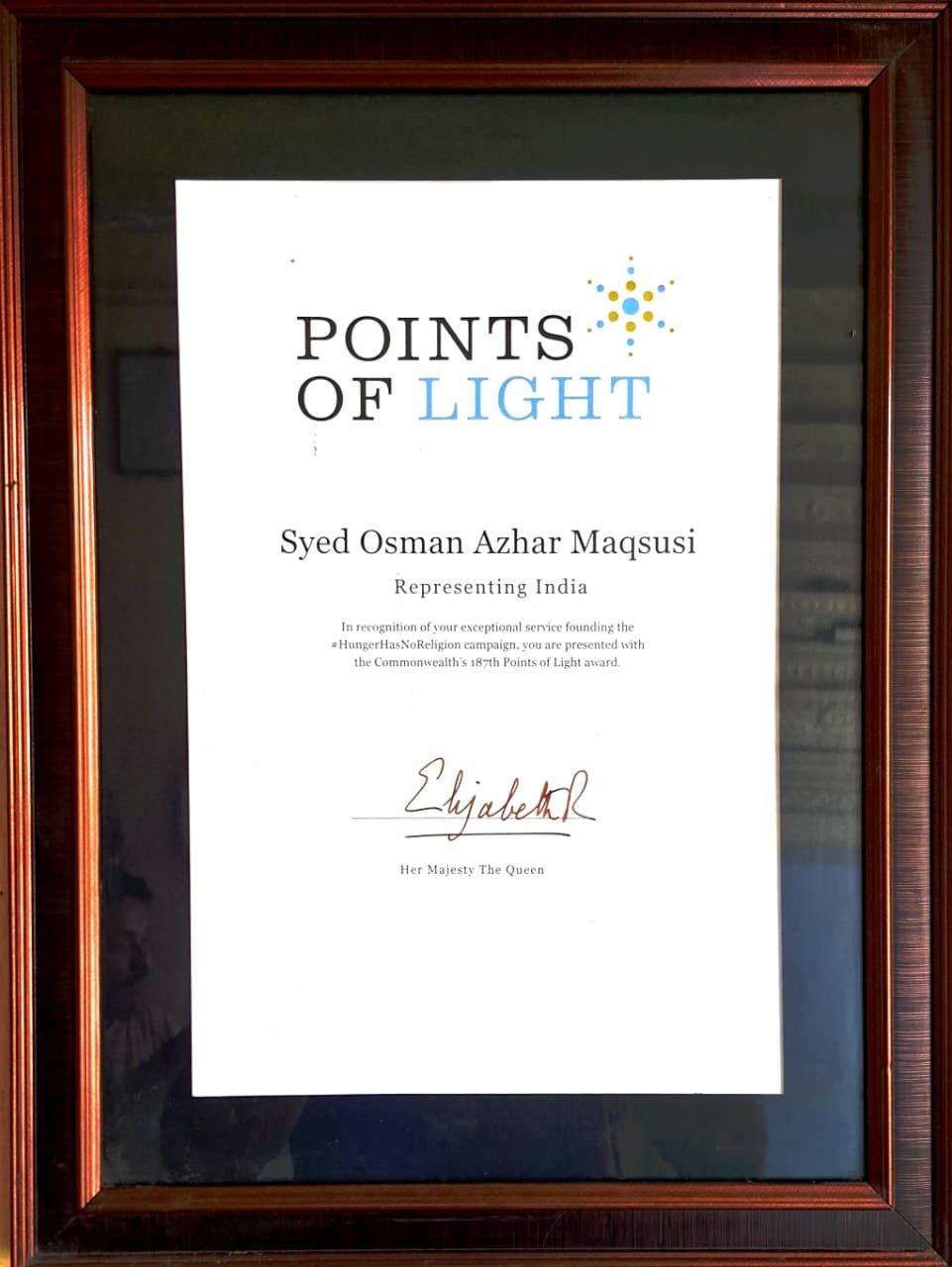 Commonwealth Points of Light Award certificate for Hunger Has No Religion